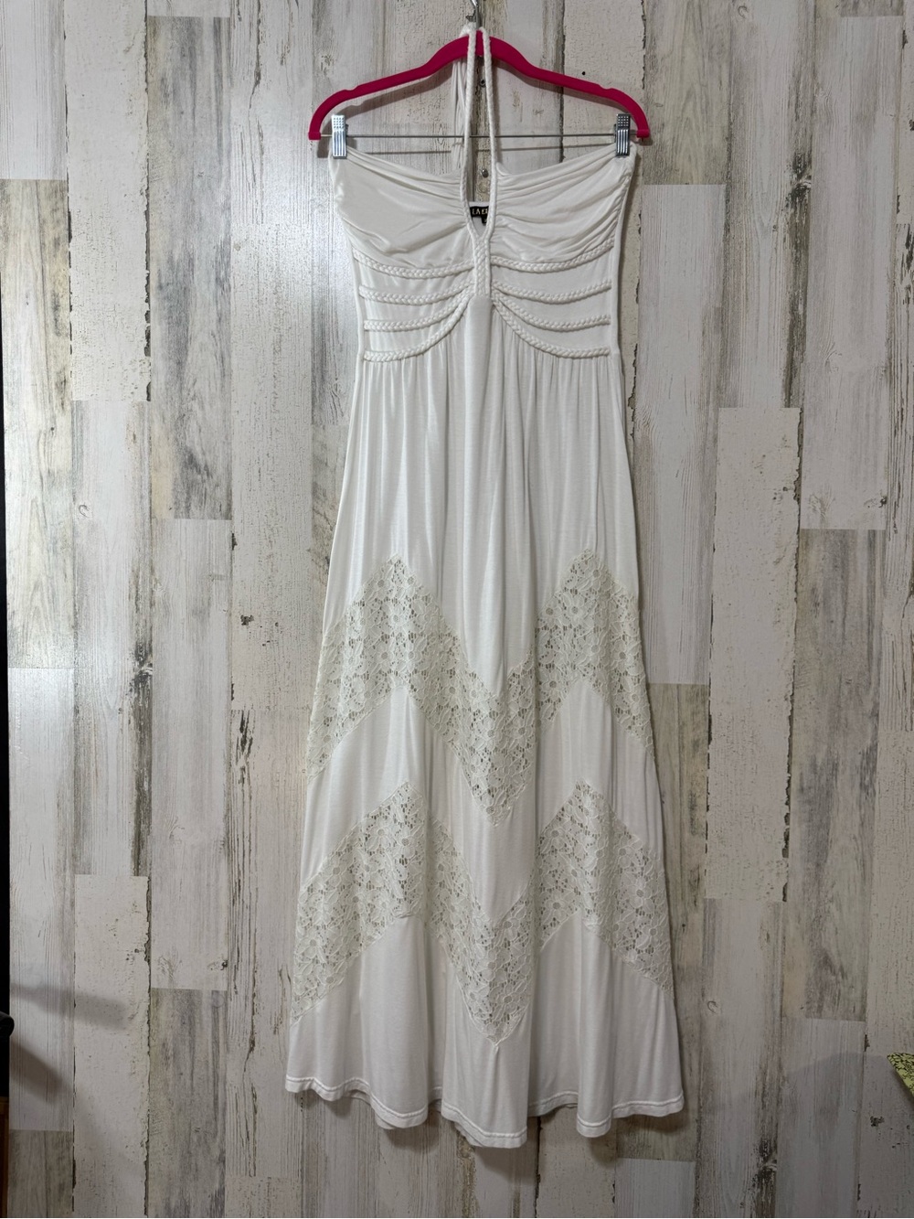 Halter Cream Maxi Dress with Floral Lace Chevron Panels and Gathered Bodice